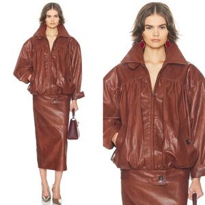 Helsa The Shirred Oversized Leather Jacket in Cognac Size Small